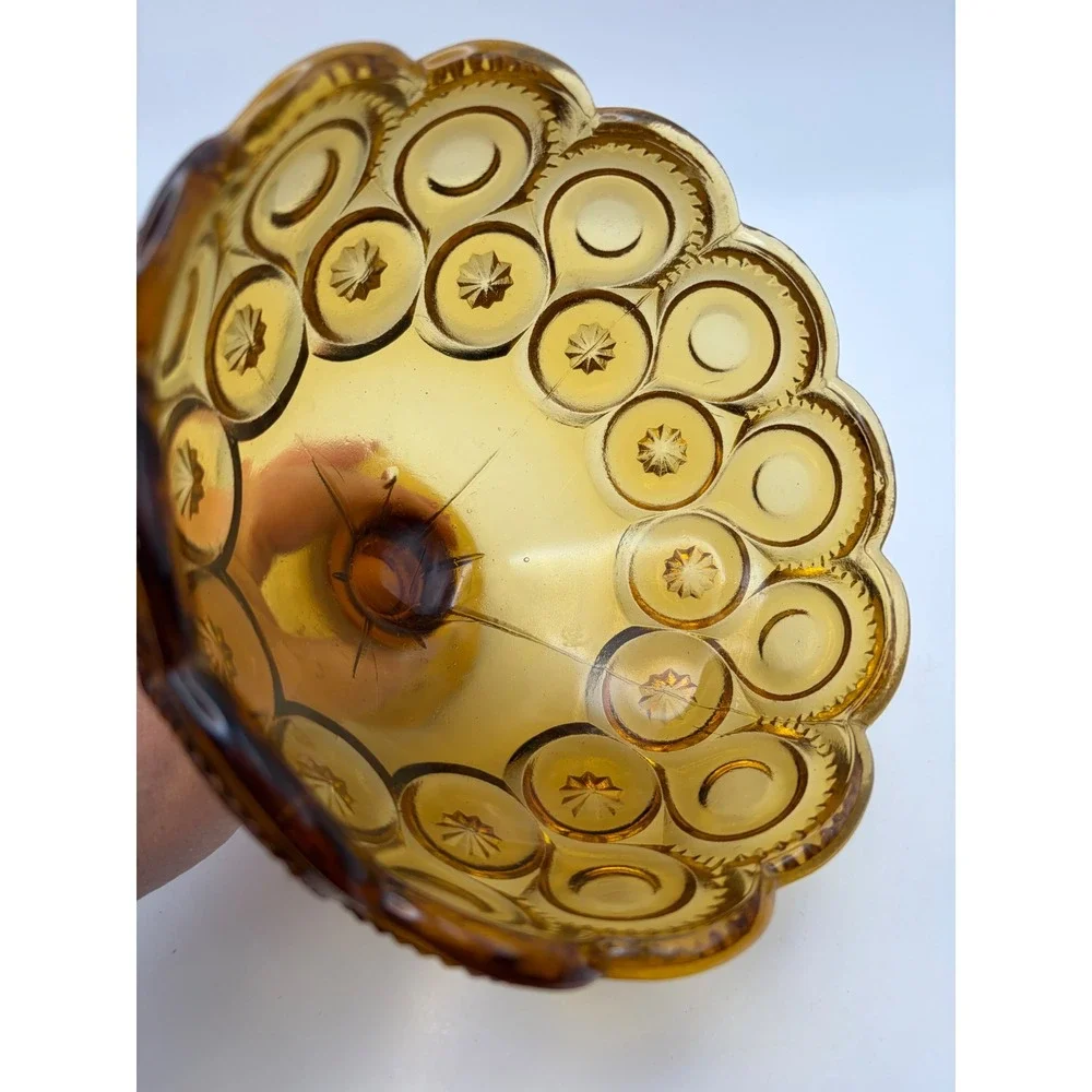 Vintage LE Smith Amber Glass Moon & Star Pedestal Compote Candy Dish Celestial
